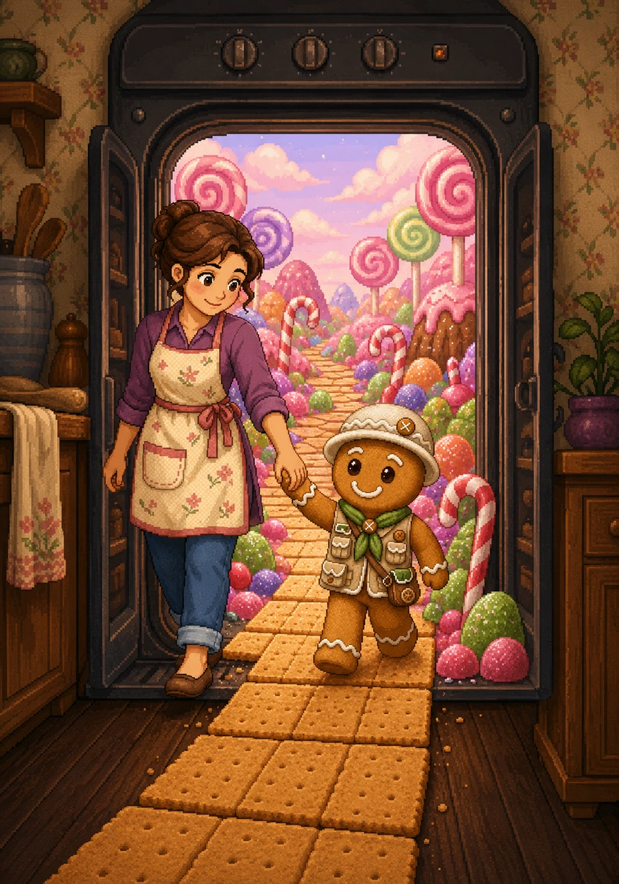 To their surprise, the oven door swings open to reveal a path made of graham crackers leading into a sugary forest. Instead of heat, a cool breeze smelling of peppermint wafts into the room. Freddy takes his mom’s hand, and together they step through the doorway into a world made of sweets.