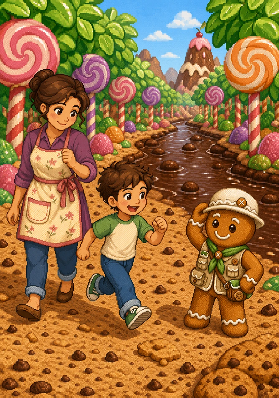 They wander through a grove of lollipop trees with leaves made of green taffy and trunks of striped candy canes. A cheerful gingerbread scout greets them with a tip of his frosting hat, inviting them to explore the Chocolate River. Freddy laughs as he skips along the crunchy cookie ground.