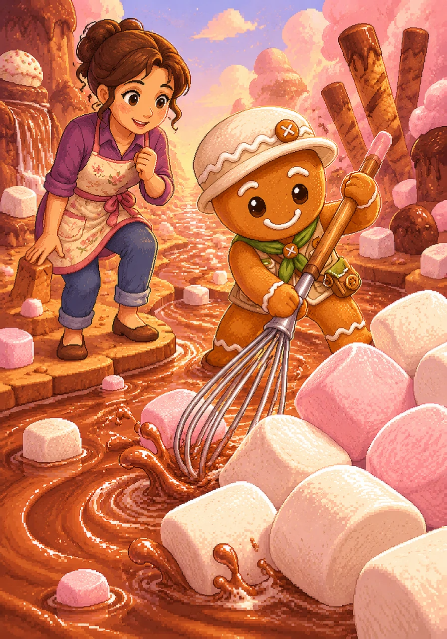 At the edge of a swirling river of warm milk chocolate, they find the way blocked by a pile of giant, fluffy marshmallows. Freddy remembers his whisk and uses it like a paddle to gently nudge the marshmallows aside. His quick thinking clears the path for them to continue their delicious journey.