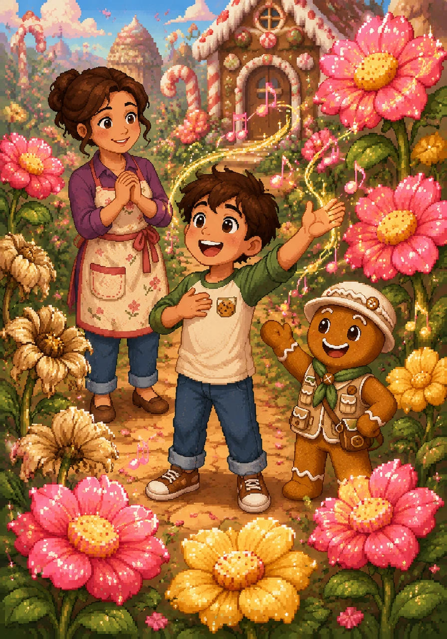 They discover a garden of Flavor Flowers that have lost their bright colors and look a bit wilted. The gingerbread scout explains that these flowers only bloom when they hear a happy story or a song. Freddy sings his favorite baking song, and the petals instantly burst into vibrant shades of strawberry pink and lemon yellow.