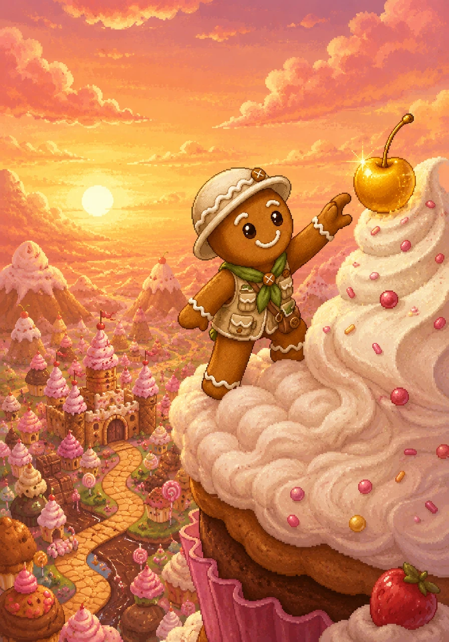 High atop the swirling peaks of Cupcake Mountain, Freddy finds the legendary Golden Cherry perched on a cloud of whipped cream. He carefully picks the fruit, knowing it is the final touch needed for their masterpiece back home. The view from the top shows the entire kingdom sparkling under a sunset of orange marmalade.