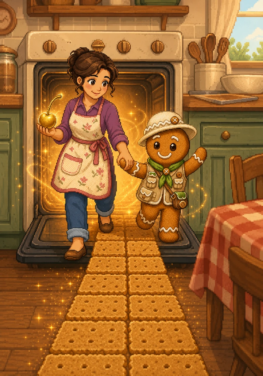 With the Golden Cherry safely in hand, Freddy and Mom find the graham cracker path leading back to their own kitchen. They step through the oven door just as the timer lets out a cheerful ding! The magical glow fades, leaving behind the cozy warmth of their real home.