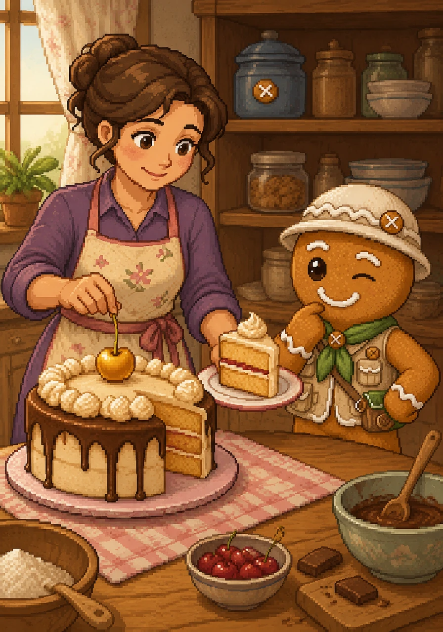 Mom and Freddy place the Golden Cherry on top of their freshly baked cake, which looks more delicious than ever. As they share the first slice, Freddy looks at the blue jar in the pantry and winks. He knows that with a little curiosity and a lot of love, every day in the kitchen can be a grand adventure.