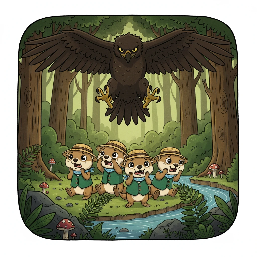 Bóng dáng của Chim Ưng Hung Dữ xuất hiện, với đôi mắt sắc lạnh và móng vuốt đáng sợ, gieo rắc nỗi kinh hoàng cho cả khu rừng. Đàn rái cá run rẩy sợ hãi trước sự đe dọa từ trên cao. Những chú rái cá co rúm người lại, lo sợ cho sự an toàn của mình.