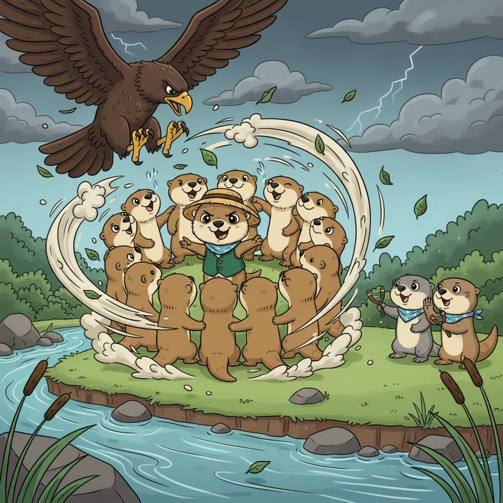 Ngày định mệnh đã đến, Chim Ưng Hung Dữ tấn công. Theo hiệu lệnh của Nâu, đàn rái cá nhanh chóng tạo thành vòng tròn bảo vệ, hóa giải những đòn tấn công của chim ưng. Xám và những người bạn đã lên kế hoạch phản công táo bạo.