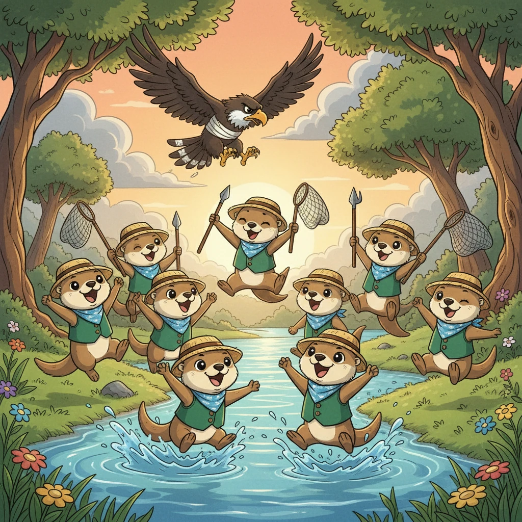 Với sự dũng cảm và trí tuệ, đàn rái cá đã đánh bại Chim Ưng Hung Dữ. Chim ưng bị thương và phải bỏ chạy. Đàn rái cá reo hò chiến thắng, và từ đó, chúng sống yên bình trong dòng sông, ghi nhớ bài học về sự đoàn kết và lòng dũng cảm.