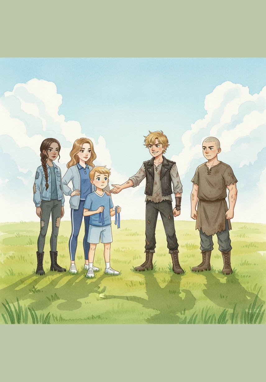 Their game was soon interrupted by three other children named John, Seth, and May, who approached with a friendly challenge. They proposed a football match, and Sam and Pam eagerly accepted, excited to test their skills against new opponents.