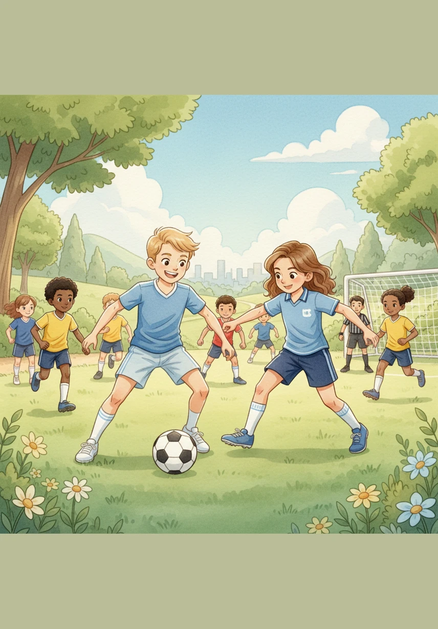 The teams were quickly decided, with Sam and Pam wearing blue and John and May sporting red, while Seth took his place as the focused goalkeeper. The park echoed with the sounds of their running feet and the excitement of a competitive match.