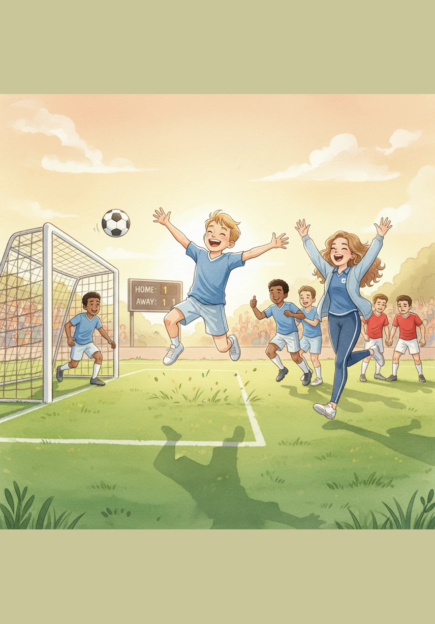 Moments later, the blue team leveled the score with a brilliant play that left everyone cheering in the fading sunlight. Pam felt a surge of adrenaline and playfully challenged John to see if his team could possibly score another goal against them.