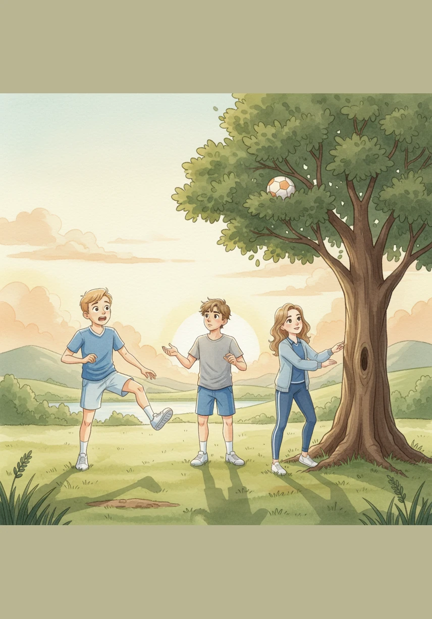 In his excitement, John gave the ball a powerful kick that sent it soaring high above the field and straight into the thick branches of a tall tree. While Sam hesitated, Pam felt a spark of curiosity and decided she would be the one to climb up and retrieve it.
