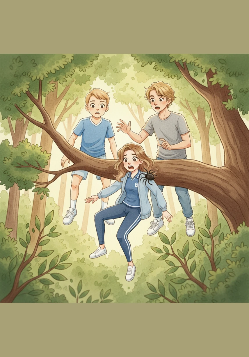 Suddenly, a large, hairy spider scurried onto Pam’s shoulder, causing her to gasp in surprise. Startled by the unexpected visitor, she lost her footing and tumbled from the branch as her friends watched in stunned silence.