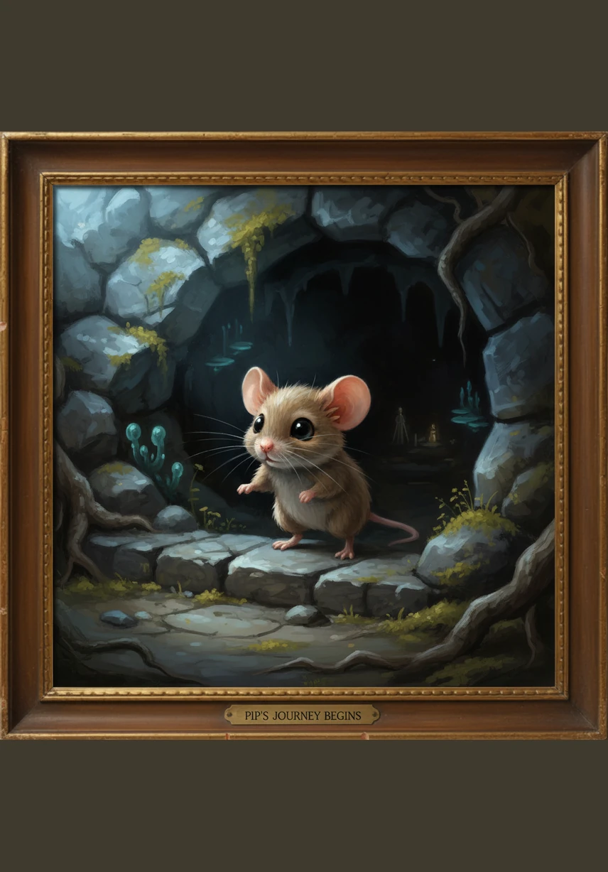 To guide his way, Pip picked up a piece of glowing moss that shimmered with a soft, emerald light. Taking a deep breath, he stepped over the threshold and into the cool, silent air of the cave.