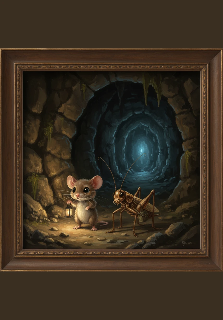 As he walked, Pip saw strange, jagged shapes looming in the dark that looked like monsters. But when he held his glowing moss closer, he saw they were just old rocks and sparkling crystals hanging from the ceiling.