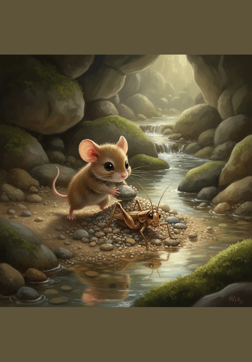 Finally, Pip found Squeaky caught beneath a pile of small pebbles near a trickling underground stream. Pip used all his strength to move the stones one by one until his friend was finally free.