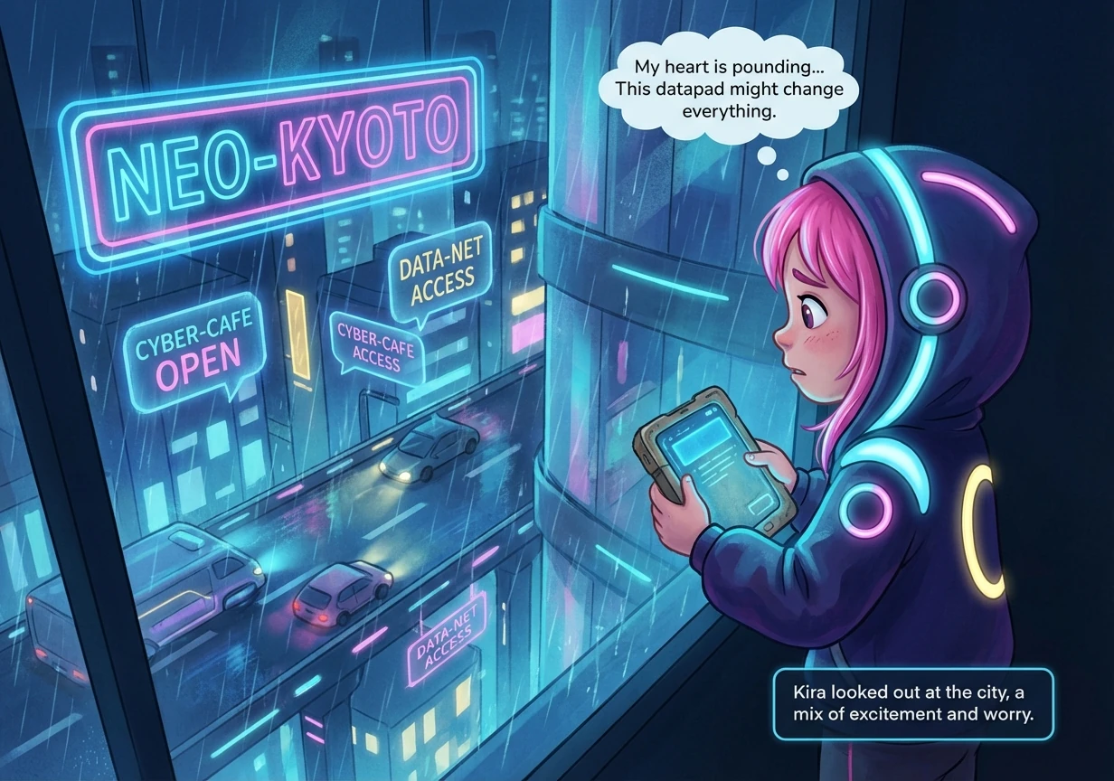 Kira, a young coder with bright pink hair, stared out at the sprawling cityscape of Neo-Kyoto. Holographic advertisements flickered across towering sk