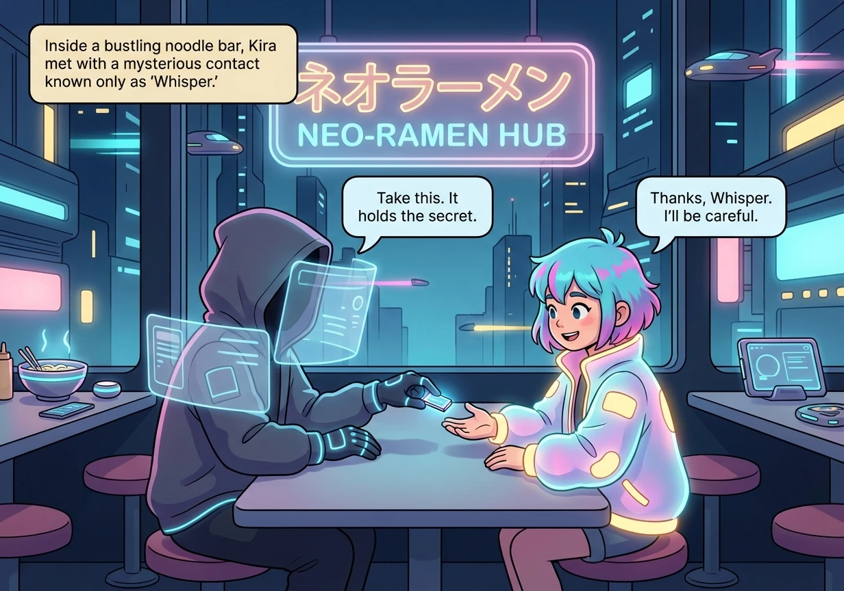 Inside a bustling noodle bar, Kira met with a mysterious contact known only as 'Whisper.' The bar pulsed with electric energy, the air thick with the