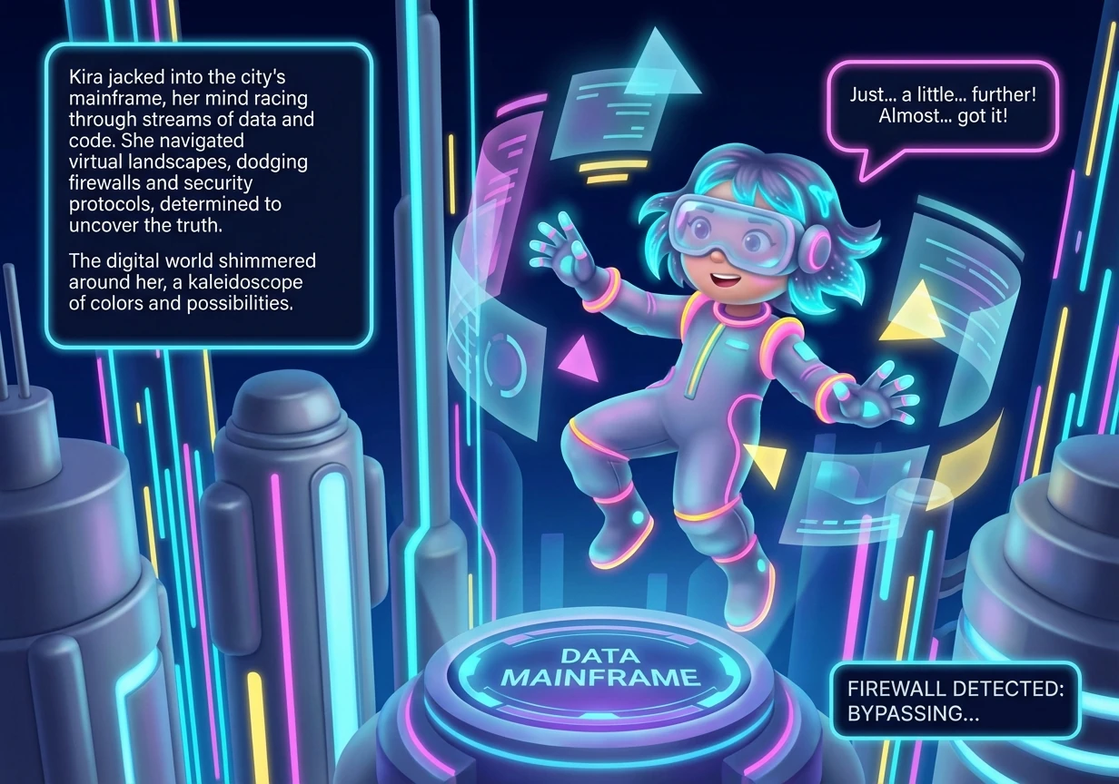 Kira jacked into the city's mainframe, her mind racing through streams of data and code. She navigated virtual landscapes, dodging firewalls and secur