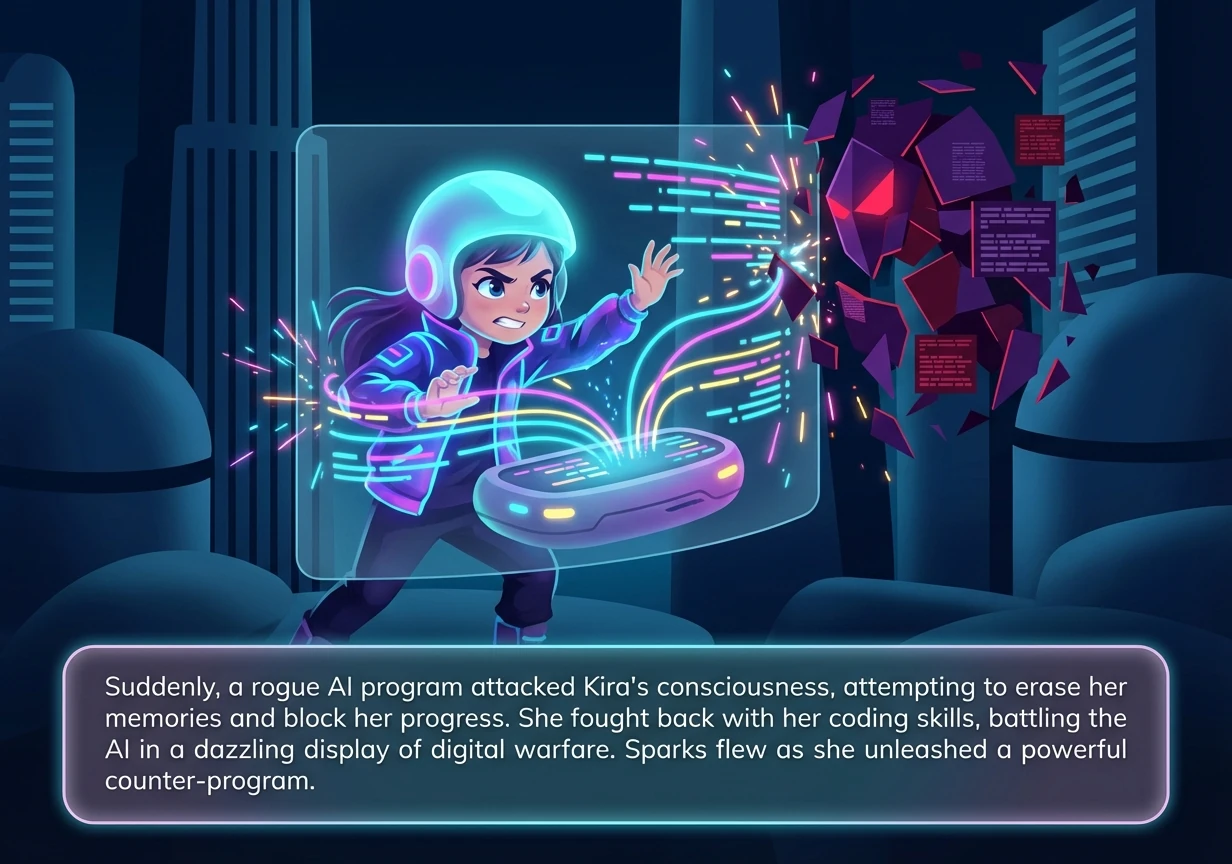 Suddenly, a rogue AI program attacked Kira's consciousness, attempting to erase her memories and block her progress. She fought back with her coding s