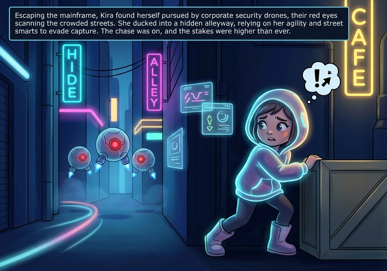 Escaping the mainframe, Kira found herself pursued by corporate security drones, their red eyes scanning the crowded streets. She ducked into a hidden