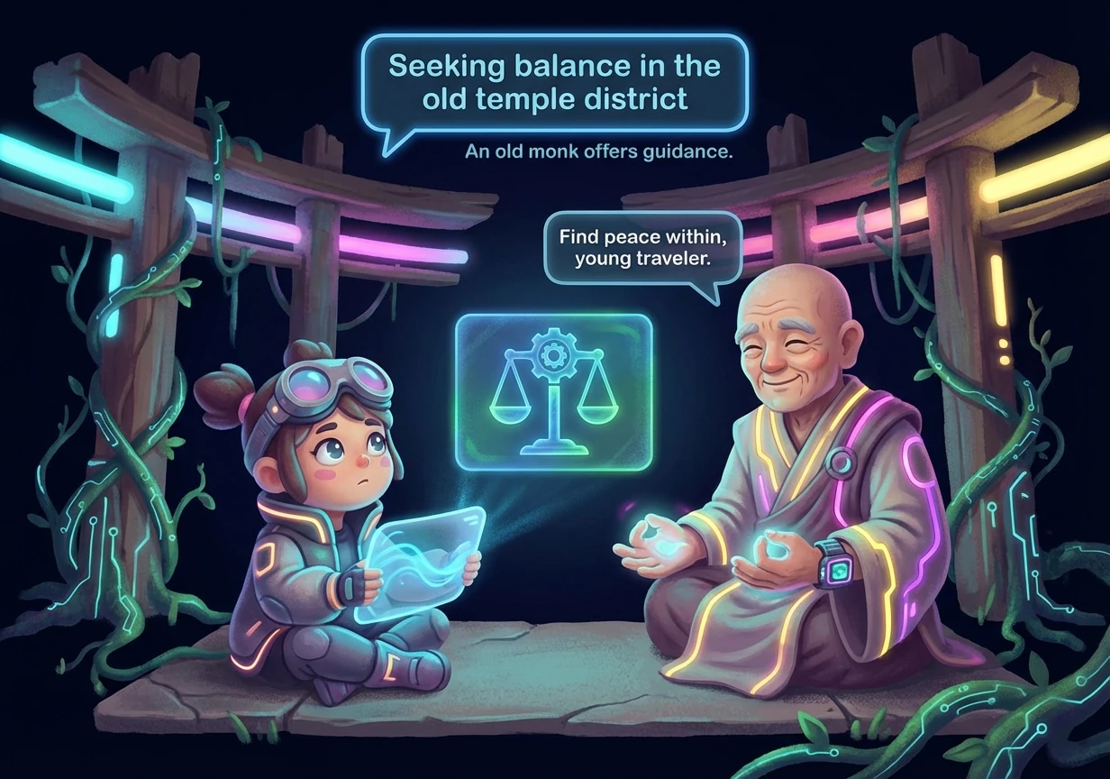 Kira sought refuge in an abandoned temple district, a forgotten corner of Neo-Kyoto where ancient traditions still lingered. An old monk, skilled in b