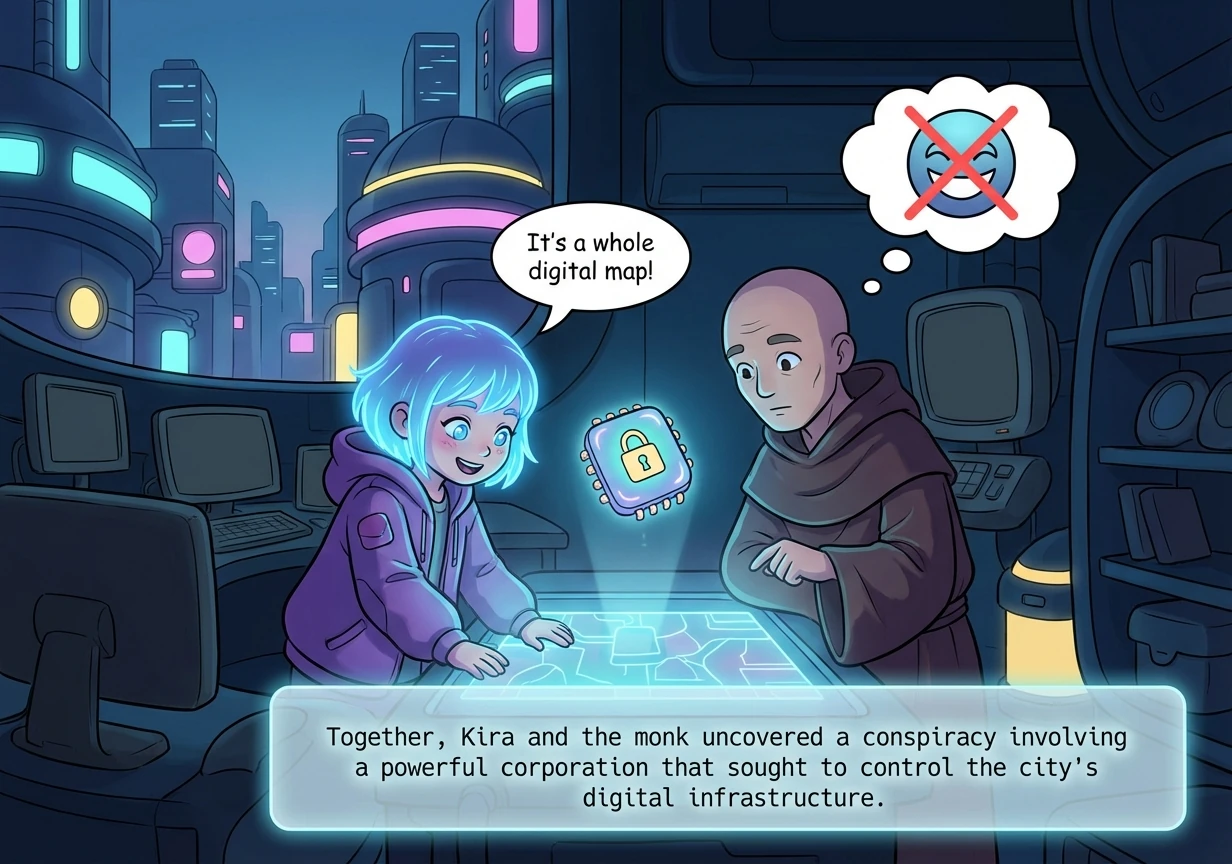 Together, Kira and the monk uncovered a conspiracy involving a powerful corporation that sought to control the city's digital infrastructure. They rea