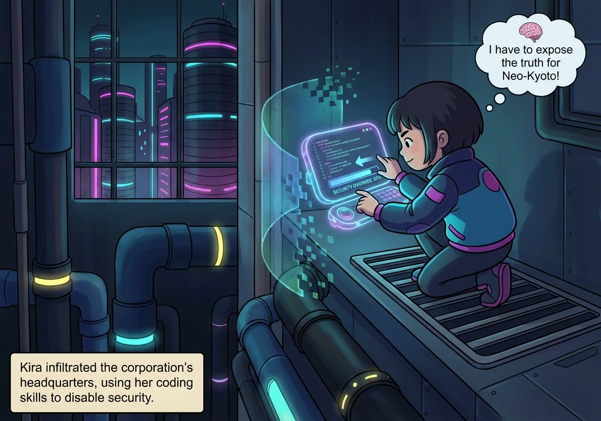 Kira infiltrated the corporation's headquarters, a towering fortress of steel and glass. She used her coding skills to disable security systems and na