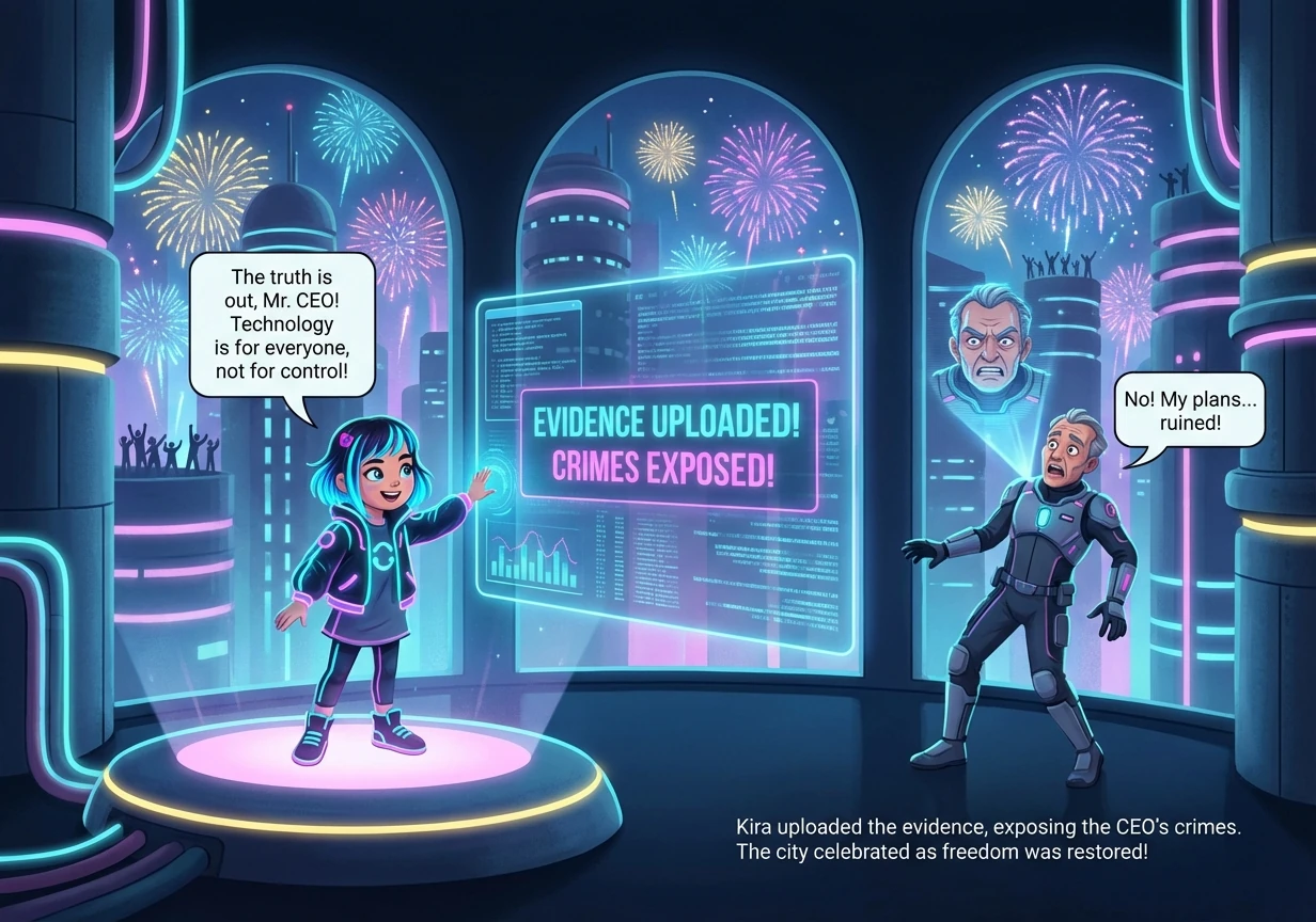 In a climactic showdown, Kira confronted the CEO of the corporation, a ruthless businessman who believed technology should be used for power and contr