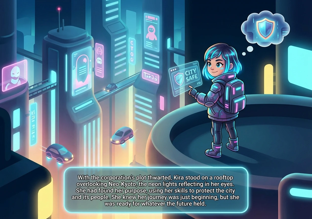 With the corporation's plot thwarted, Kira stood on a rooftop overlooking Neo-Kyoto, the neon lights reflecting in her eyes. She had found her purpose