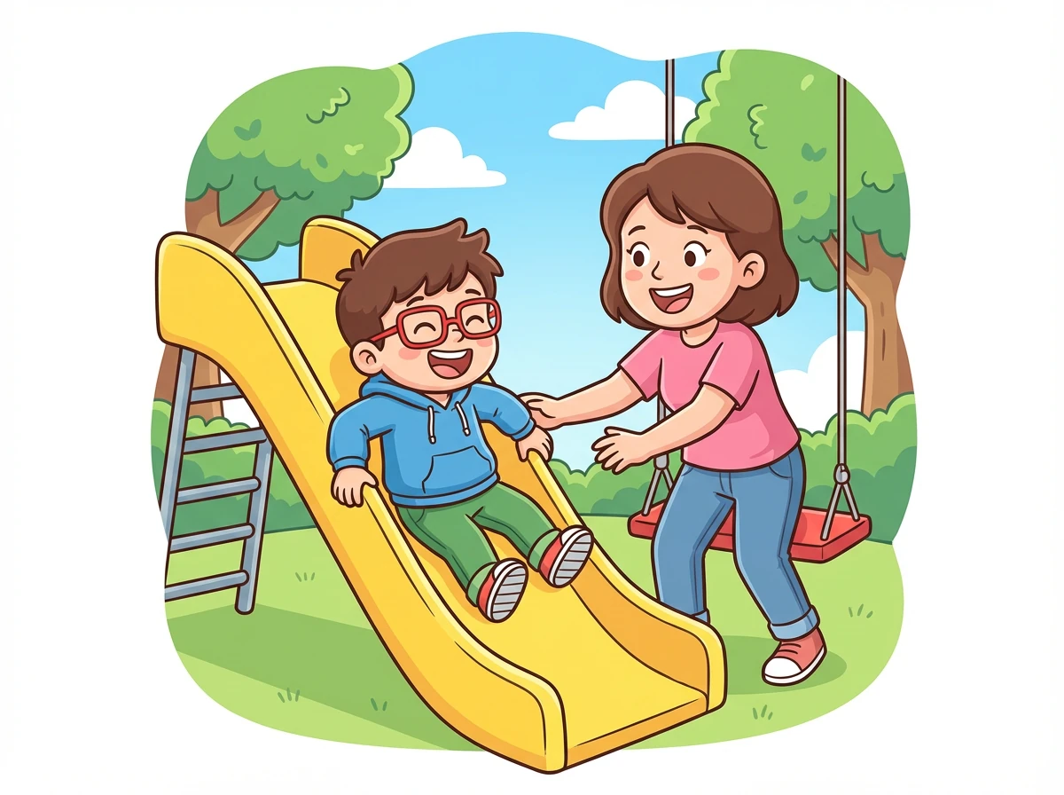 Ibunya mengajak Riko bermain di taman. Mereka bermain ayunan, perosotan, dan kejar-kejaran. Riko tertawa bahagia.