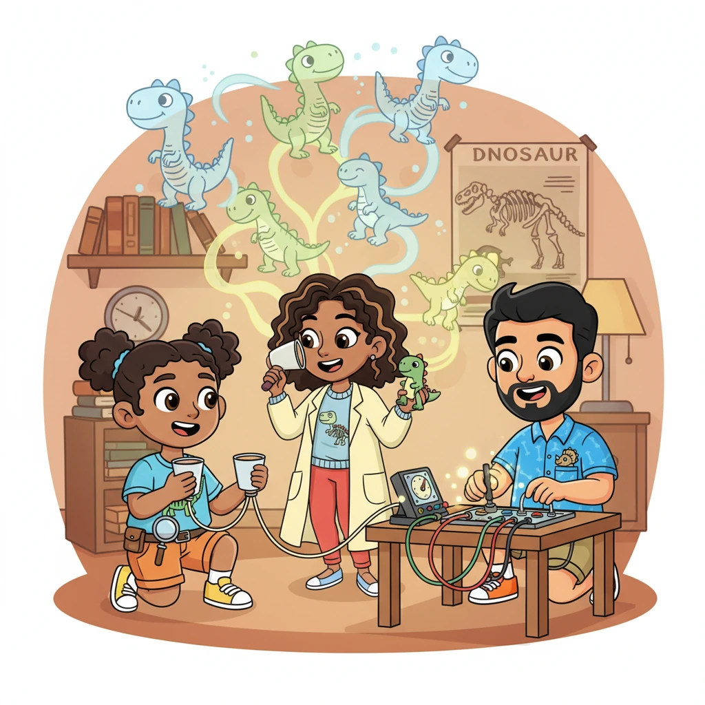 The Dino Detectives were busy, sending secret messages down their wires. They were searching for special brain waves, which JJ imagined as wobbly, glowing lines that looked like baby dinosaurs dancing.