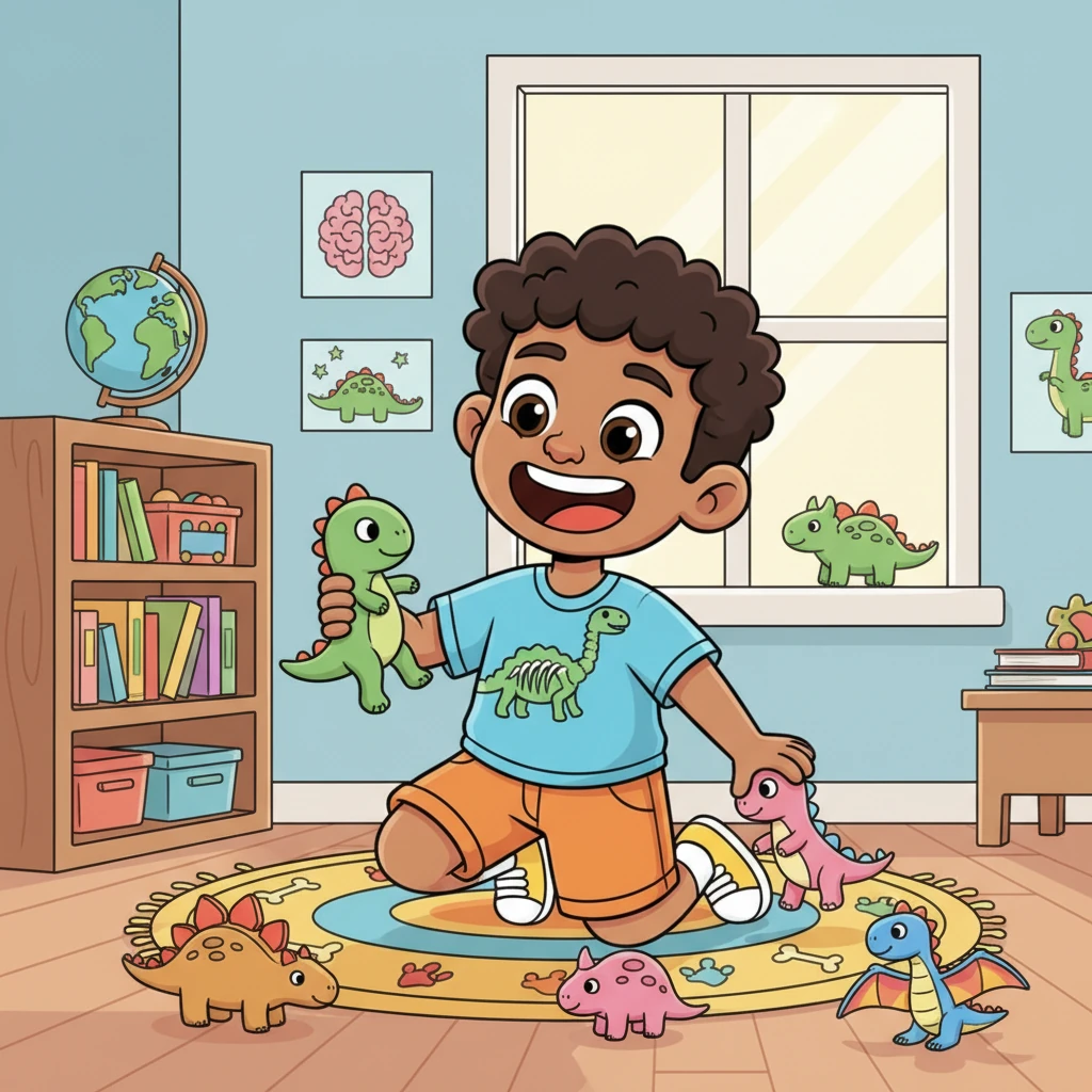 Soon, JJ’s head didn’t feel fuzzy anymore! He played with his dinosaur toys, knowing his amazing brain was strong and healthy, thanks to his caring doctors and his clever Dino Brain Detectives.