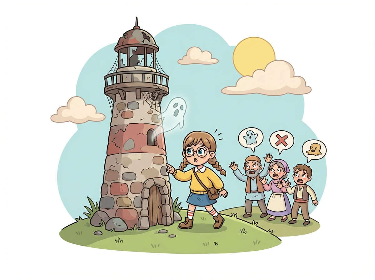 Sie entdeckt einen alten, verlassenen Leuchtturm am Rande des Dorfes. Die Dorfbewohner warnen sie, dass es dort spukt und sie sich fernhalten soll.