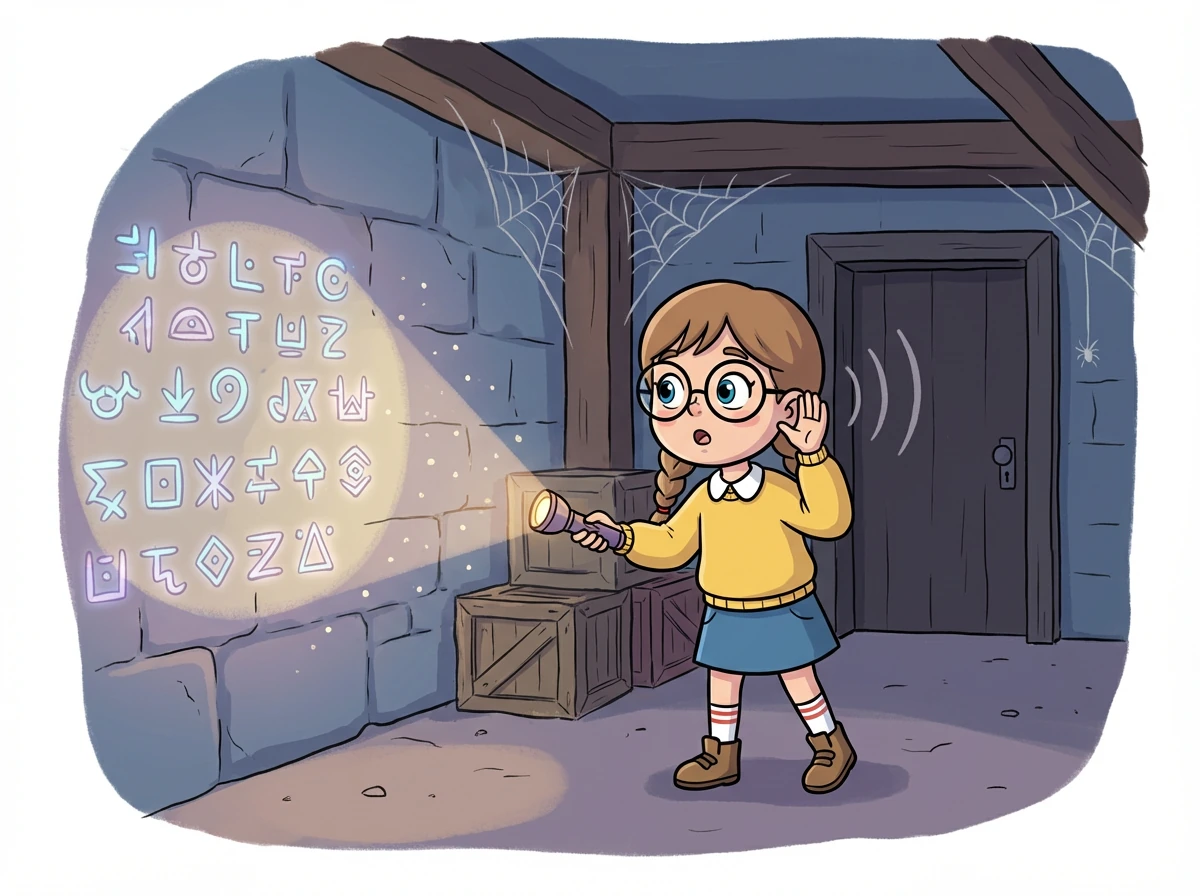 Im Inneren ist es dunkel und staubig. Sie findet seltsame Zeichen an den Wänden und hört ein leises Klopfen.