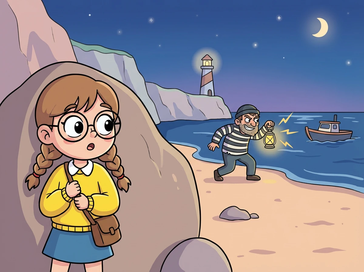 Plötzlich entdeckt sie einen Mann, der mit einer Lampe geheime Botschaften an Schiffe sendet. Es ist ein Schmuggler!