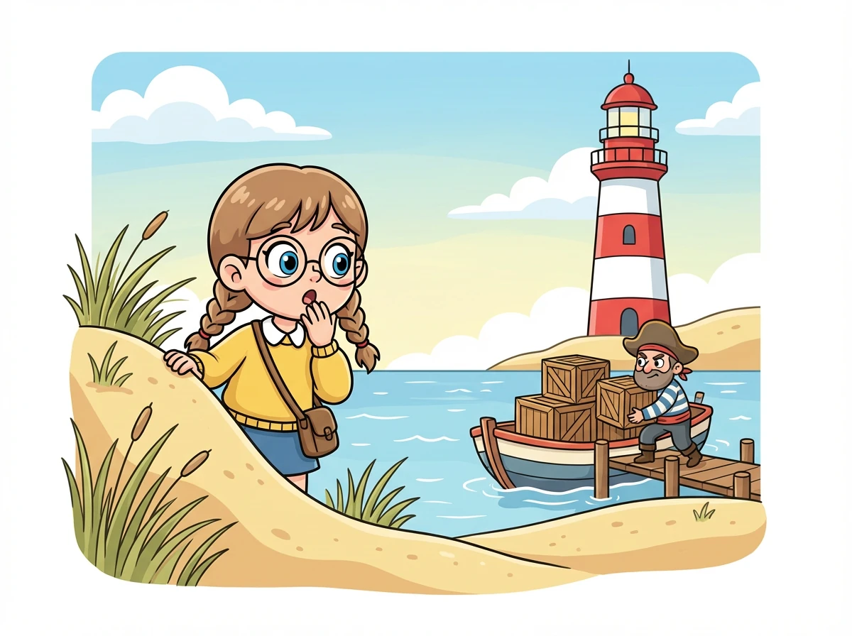 Riya versteckt sich und beobachtet den Schmuggler. Sie merkt, dass er den Leuchtturm für illegale Aktivitäten nutzt.