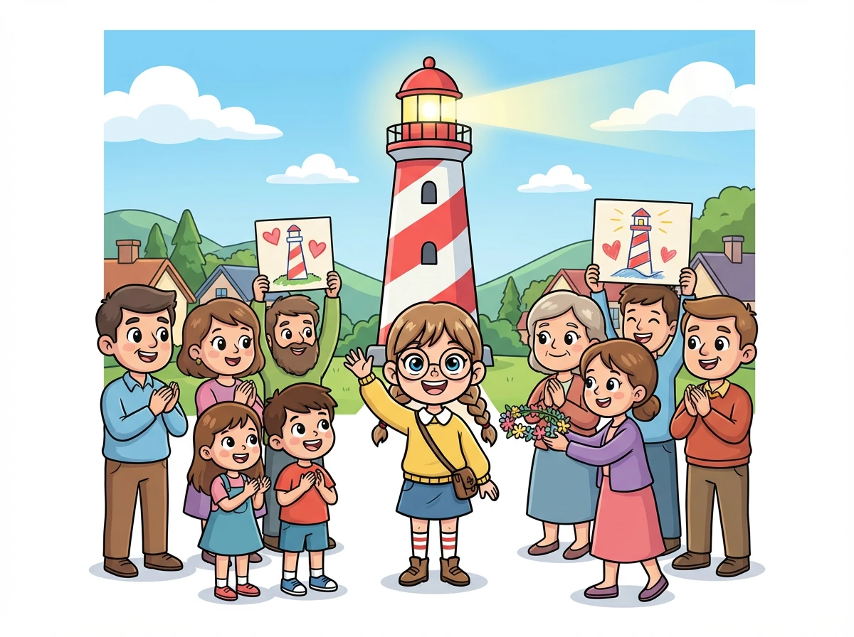 Die Dorfbewohner sind Riya dankbar für ihren Mut und ihre Klugheit. Sie haben den Leuchtturm gerettet.