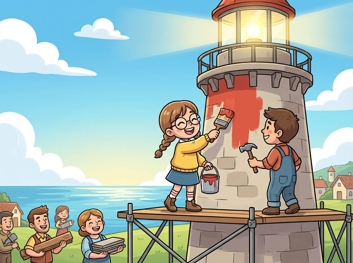 Gemeinsam restaurieren sie den Leuchtturm und machen ihn wieder zu einem sicheren Ort. Riya ist die Heldin des Dorfes!