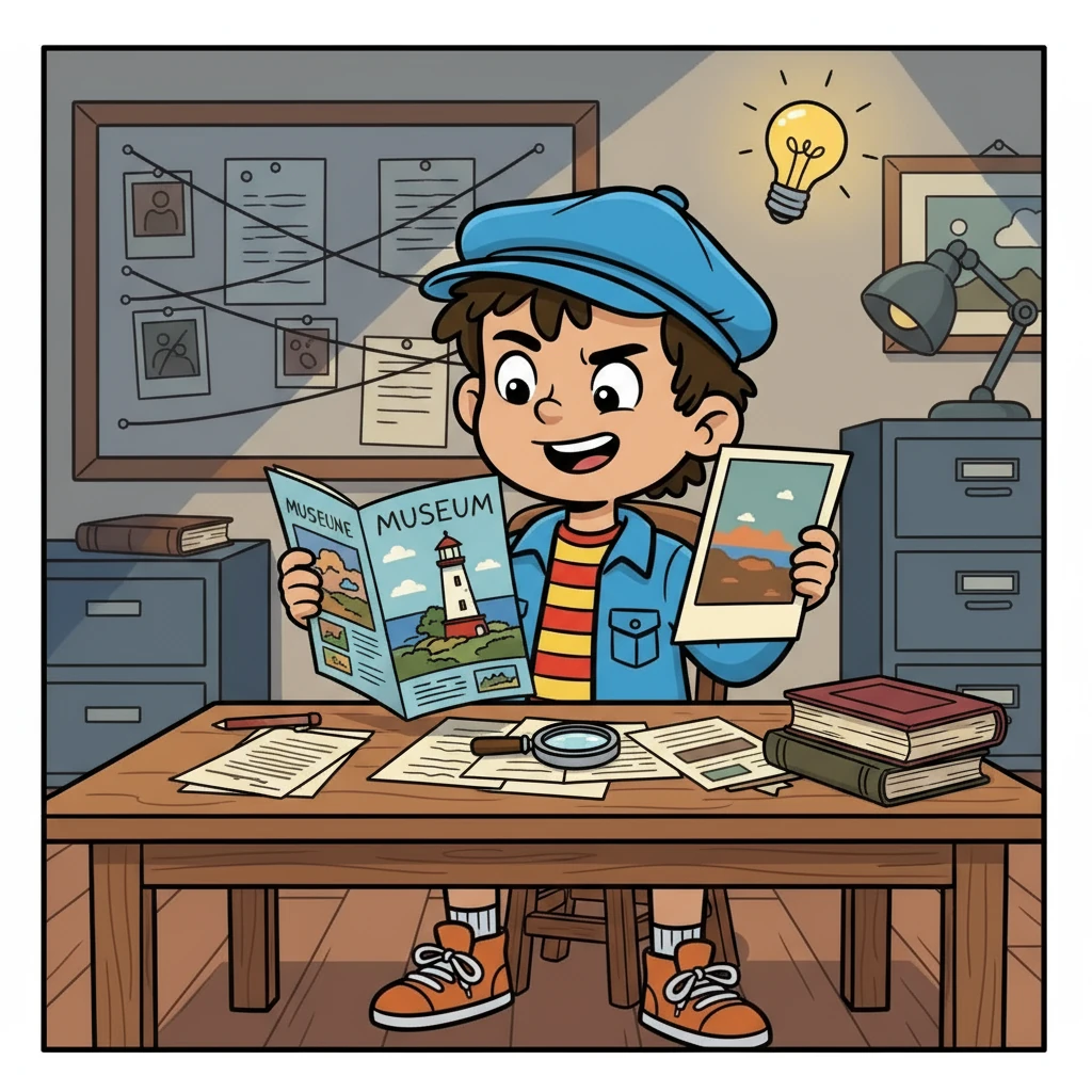 Back at the station, Ravi studied the museum brochure, comparing it to a photograph of the missing painting. He noticed the original painting had a lighthouse in the background, a detail missing from the stolen artwork. The difference sparked a new lead.