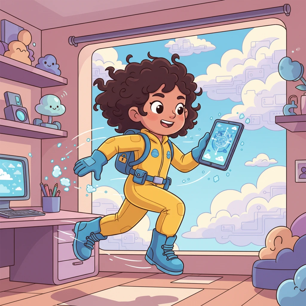 Miko Byte, a super-smart and cheerful girl with a bright yellow jumpsuit and a tablet glowing with cloud maps, zoomed through her room. She was ready for another day protecting the wondrous Cloud Kingdom, where digital dreams floated like fluffy clouds.