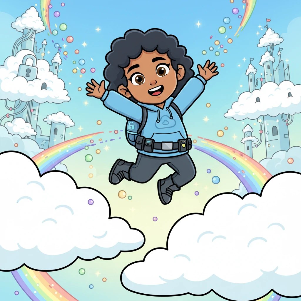 The Cloud Kingdom sparkled with millions of tiny, colorful 'Sparkle Data' orbs, floating happily among fluffy clouds and whimsical structures. These precious orbs held all the kingdom's happy memories and fun games, making them super important to keep safe.