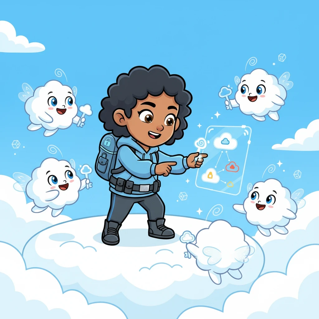 Miko, with her special 'Key Master' device, met a friendly group of Cloud Sprites. She carefully gave each sprite just the right 'cloud key' for their job, explaining how giving only the access they needed kept everyone safe and sound.