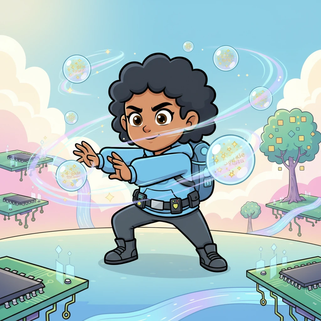 Next, Miko used her 'Data Shield Spell' to wrap the most precious Sparkle Data orbs in shimmering, magical energy. This made them invisible and unbreakable to any curious peepers, keeping all the secrets safe and sound.