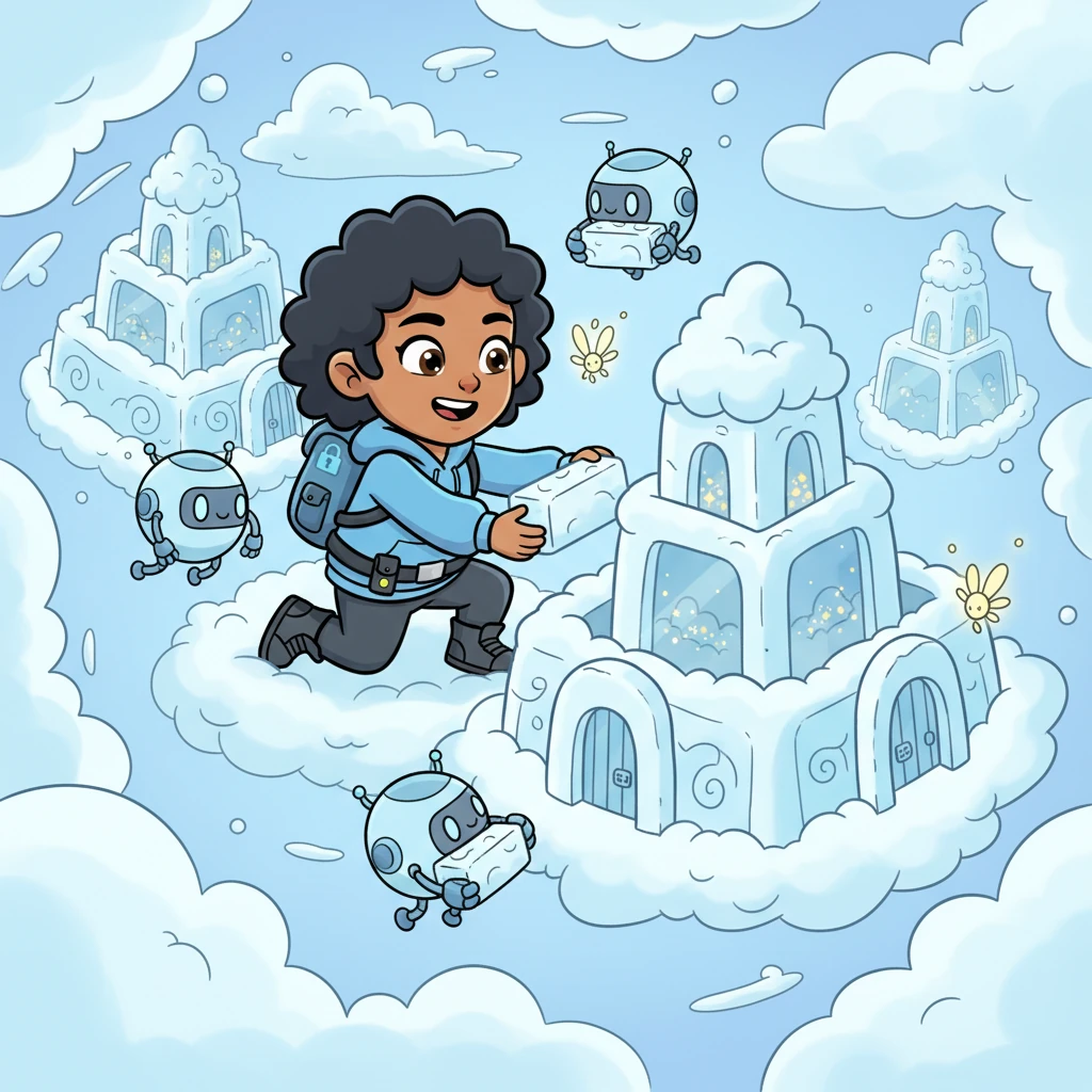 With a giggle, Miko and her bouncy helper bots began building sturdy, multi-layered 'Cloud Castles.' Each castle had strong walls and clever gates, like a maze, ensuring only authorized sprites could reach the valuable treasures inside.
