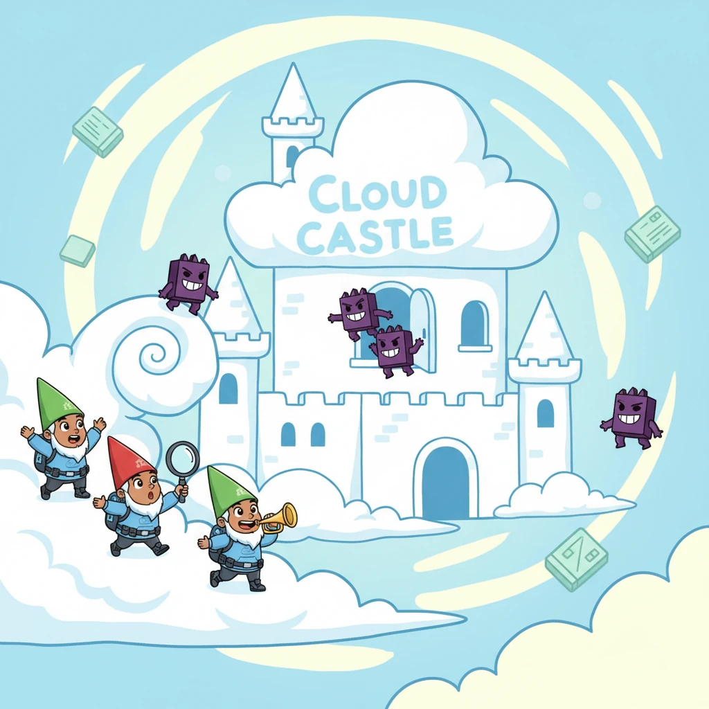 Suddenly, tiny, mischievous 'Pixel Pests' with pointy hats and sneaky grins tried to sneak into a Cloud Castle! Immediately, a team of tiny GuardDuty gnomes popped out from behind a cloud, pointing their magnifying glasses at the intruders and sounding a cheerful alarm.