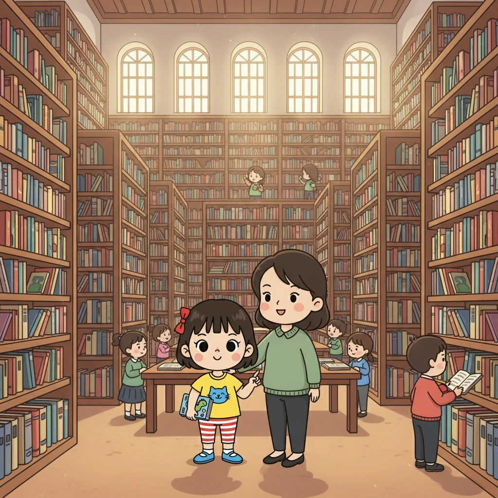 一走进图书馆，瑞娜就被眼前的一切惊呆了。高高的书架像迷宫一样，摆满了各种各样的书。瑞娜瞪大了眼睛，兴奋地问妈妈：“这里有恐龙的书吗？”