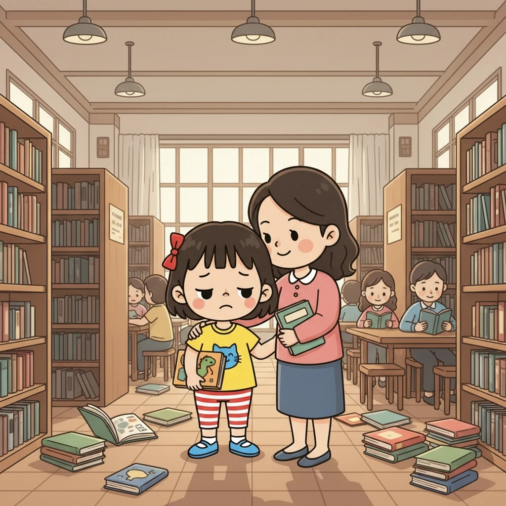 瑞娜在书架间跑来跑去，还一次拿了好几本书，把书架弄得乱七八糟。妈妈轻轻地抱住瑞娜，小声地说：“瑞娜，图书馆需要安静，大声说话和跑来跑去会影响到别人。” 瑞娜的脸上露出了一丝不好意思。