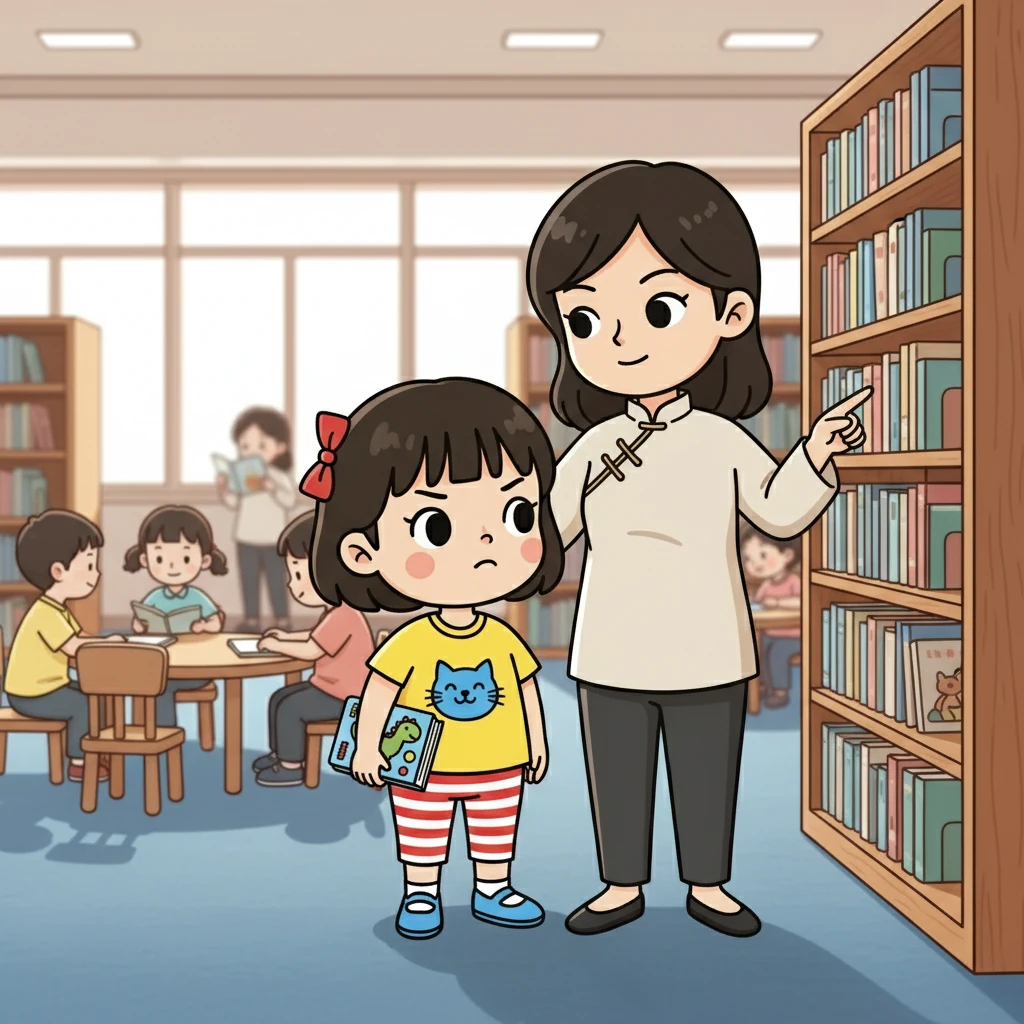 妈妈指着书架，告诉瑞娜：“图书馆的书是大家的，我们一次只能拿一本到座位上看，看完了要把它放回原来的地方，这样下一位小朋友才能找到它。” 瑞娜认真地听着，并点了点头。