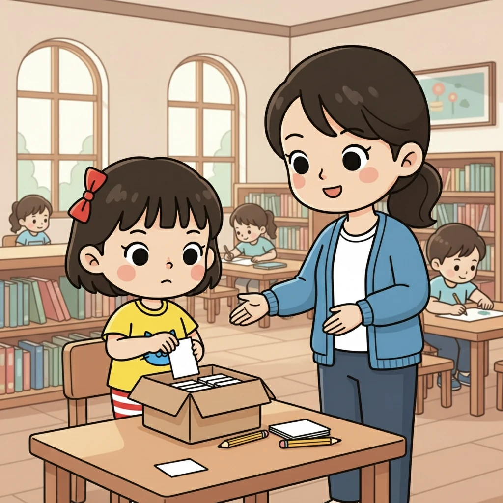 “图书馆还免费提供小纸片和铅笔哦，”妈妈继续说，“但是我们一次只拿一张，用完了再拿，不能多拿，不然别的小朋友就没有了。” 瑞娜小心翼翼地从一个盒子里拿出一张小纸片。