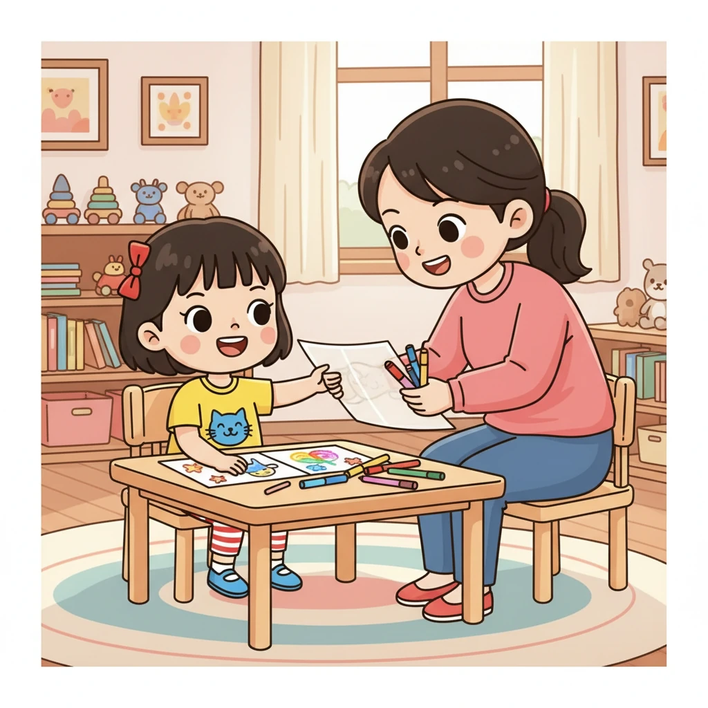 “你看，这里还有描图纸和彩笔，你可以用它们来涂色。” 妈妈递给瑞娜一张描图纸和几支彩笔。瑞娜的小脸蛋上写着“我明白了！”，开心地笑了。