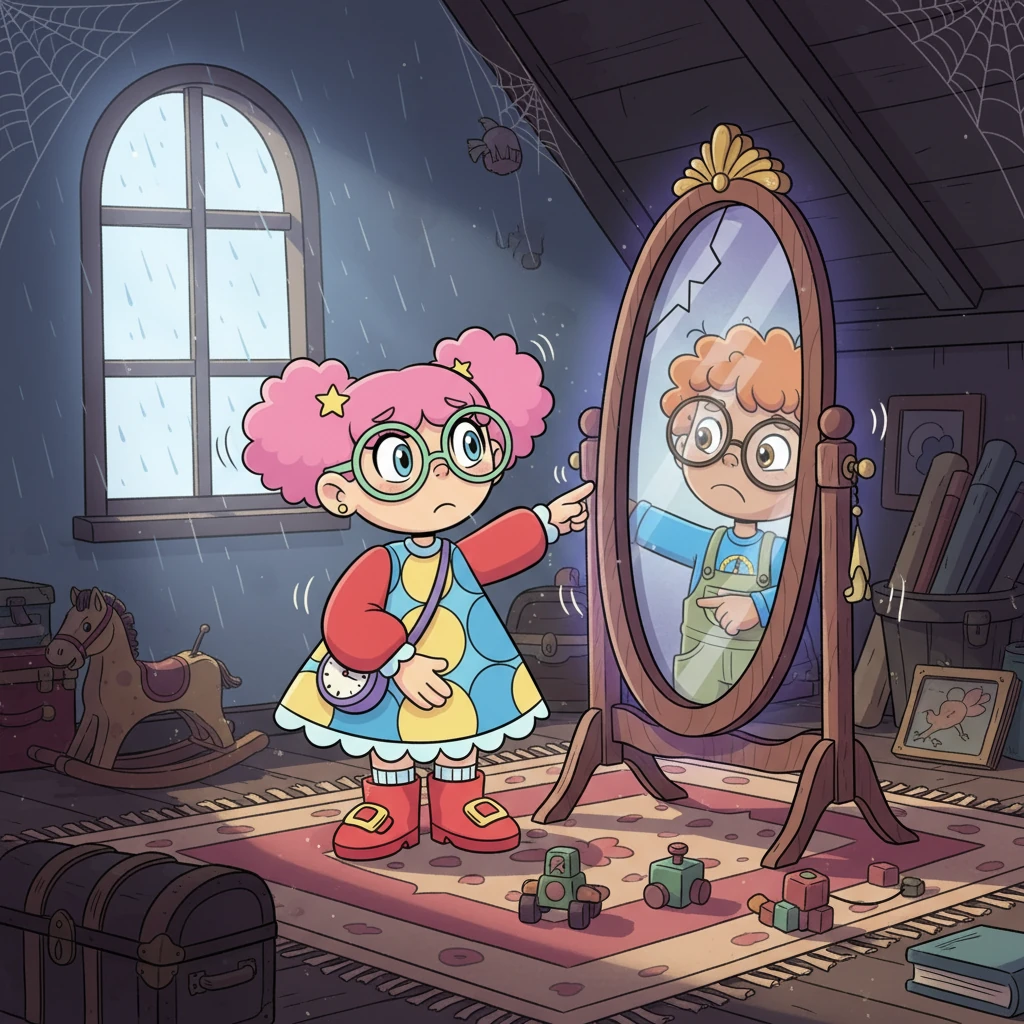 On a particularly rainy afternoon, while exploring their grandmother's attic, the twins discover a peculiar old mirror. It's cracked down the middle and reflects everything backward, making smiles turn into frowns and left into right. A faint, mysterious hum vibrates around the antique glass.